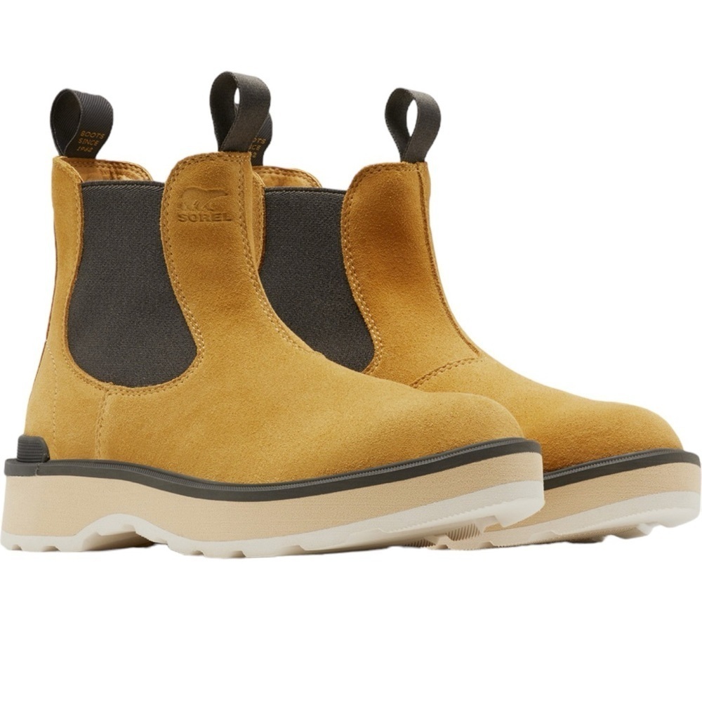 New w/out box SOREL Hi-Line Chelsea Boots in Geo Yellow/Jet Size 9 Suede/Leather